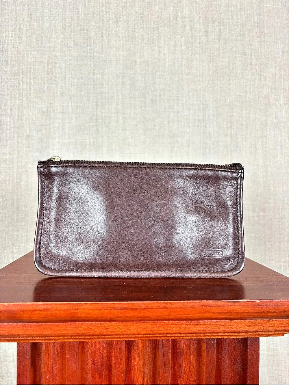 Vintage Coach 7170 Brown Leather Skinny Case Zip Pouch Striped Lining